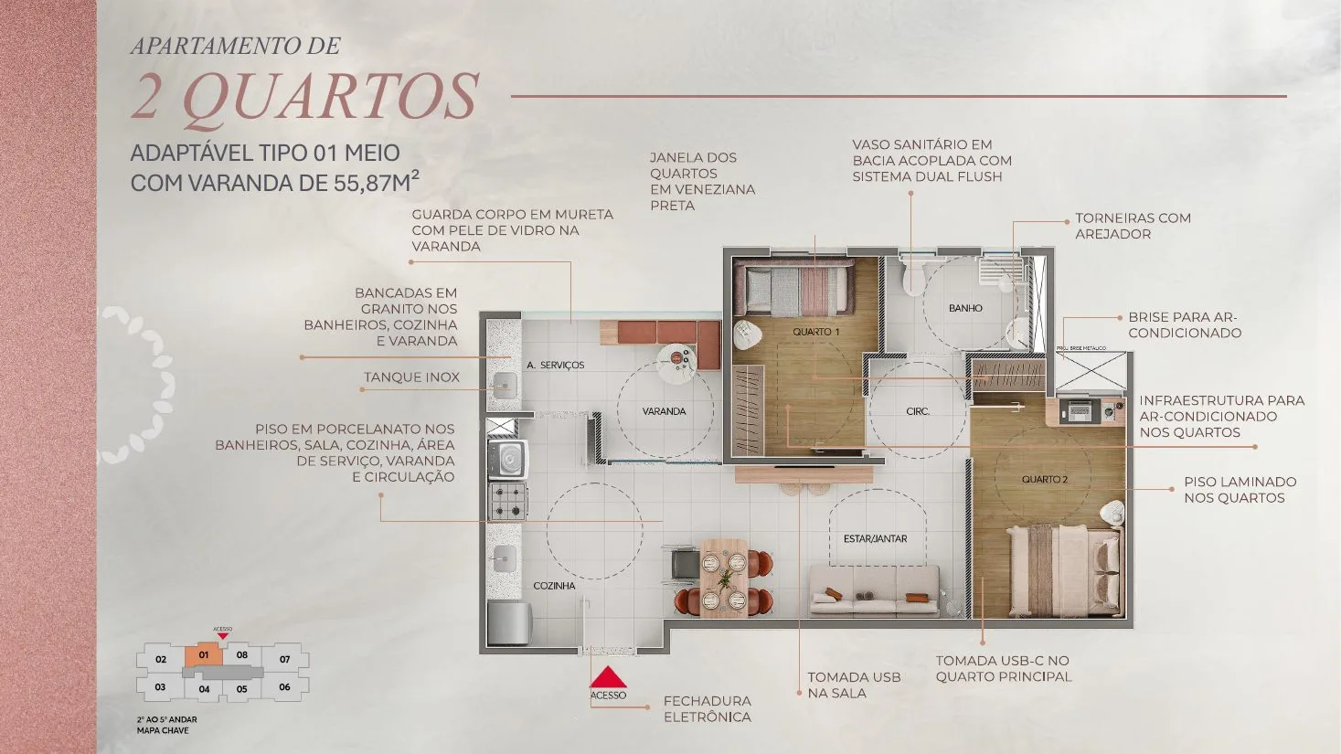 Planta de apartamento de 2 quartos adaptável com varanda do Casa Sigaud, com 55,87 m²