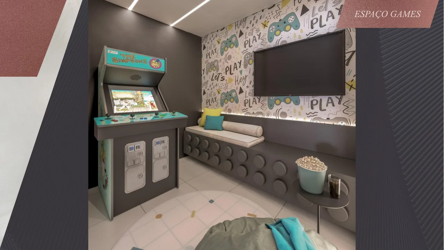 Espaço games do Casa Sigaud, com fliperama e televisão