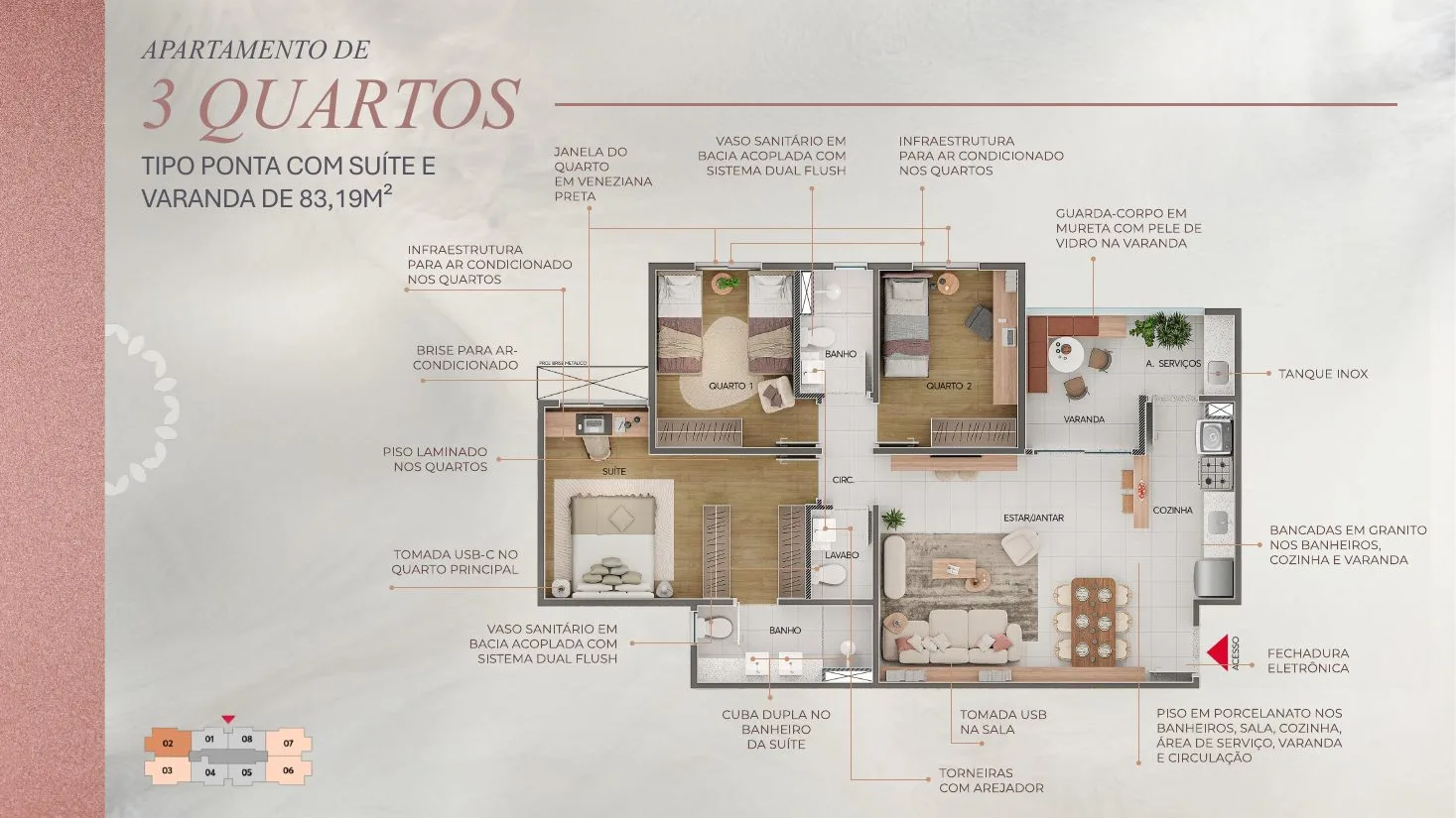 Planta de apartamento de 3 quartos com suíte e varanda do Casa Sigaud, com 83,19 m²