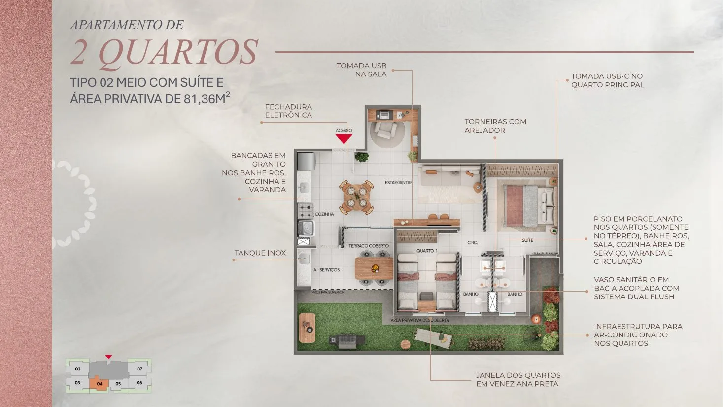 Planta de apartamento de 2 quartos com suíte e área privativa do Casa Sigaud, com 81,36 m²