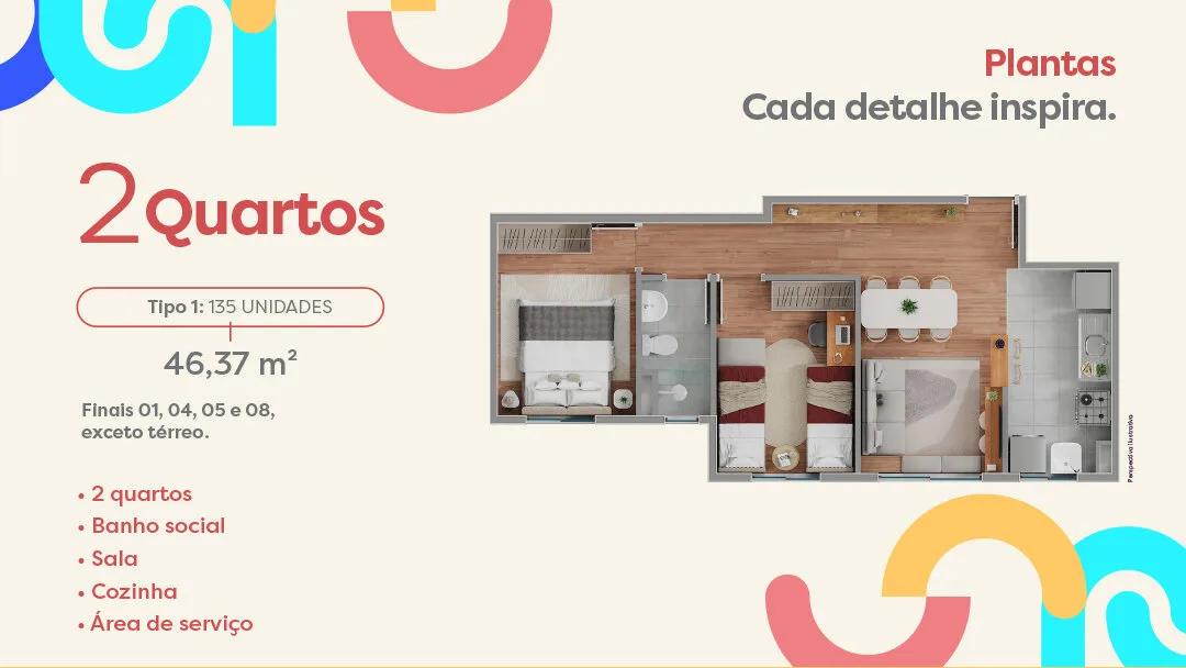 Planta de apartamento de 2 quartos do Inspire Residence, com 46,37 m²