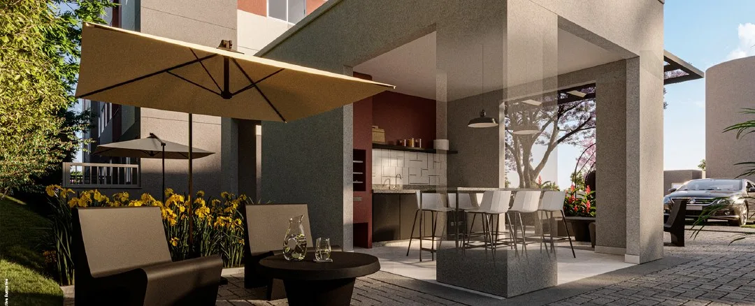Churrasqueira do Inspire Residence, com bancada e estar externo
