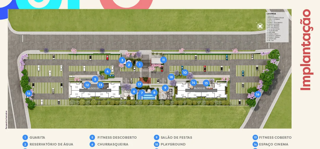 Implantação do Inspire Residence, com as duas torres e as áreas de lazer