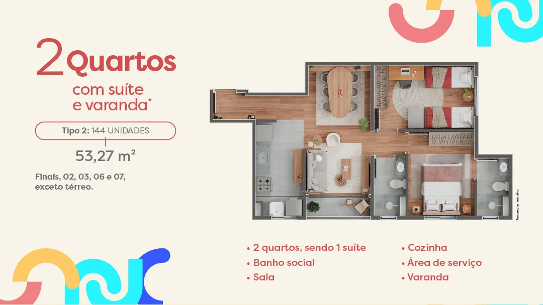 Planta de apartamento de 2 quartos com suíte e varanda do Inspire Residence, com 53,27 m²