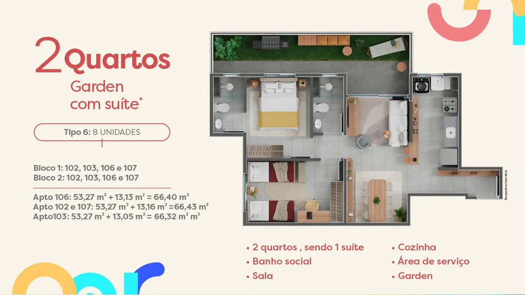 Planta de apartamento de 2 quartos com suíte e garden do Inspire Residence
