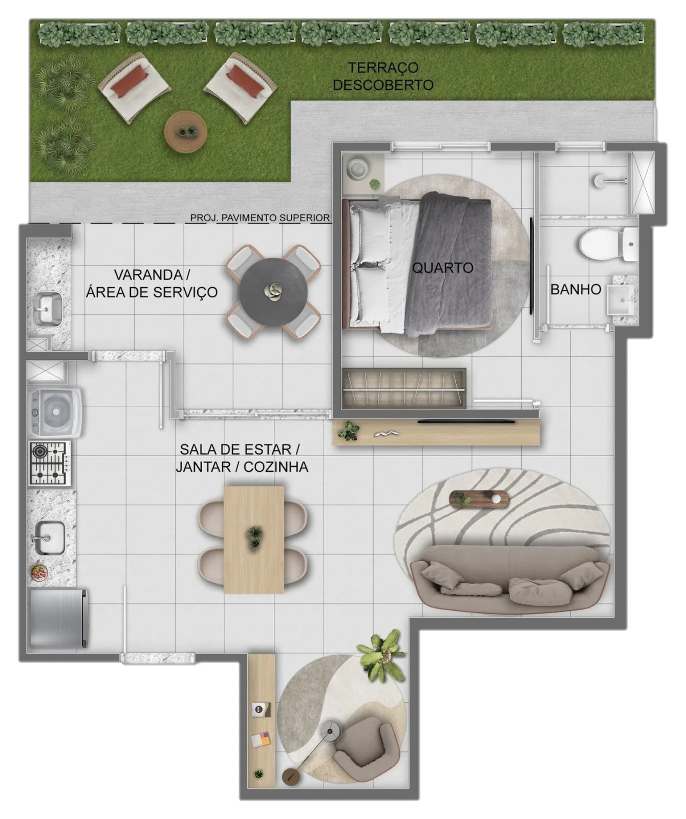 Planta de apartamento de 1 quarto com área privativa do Casa Sintra, com 62,77 m²