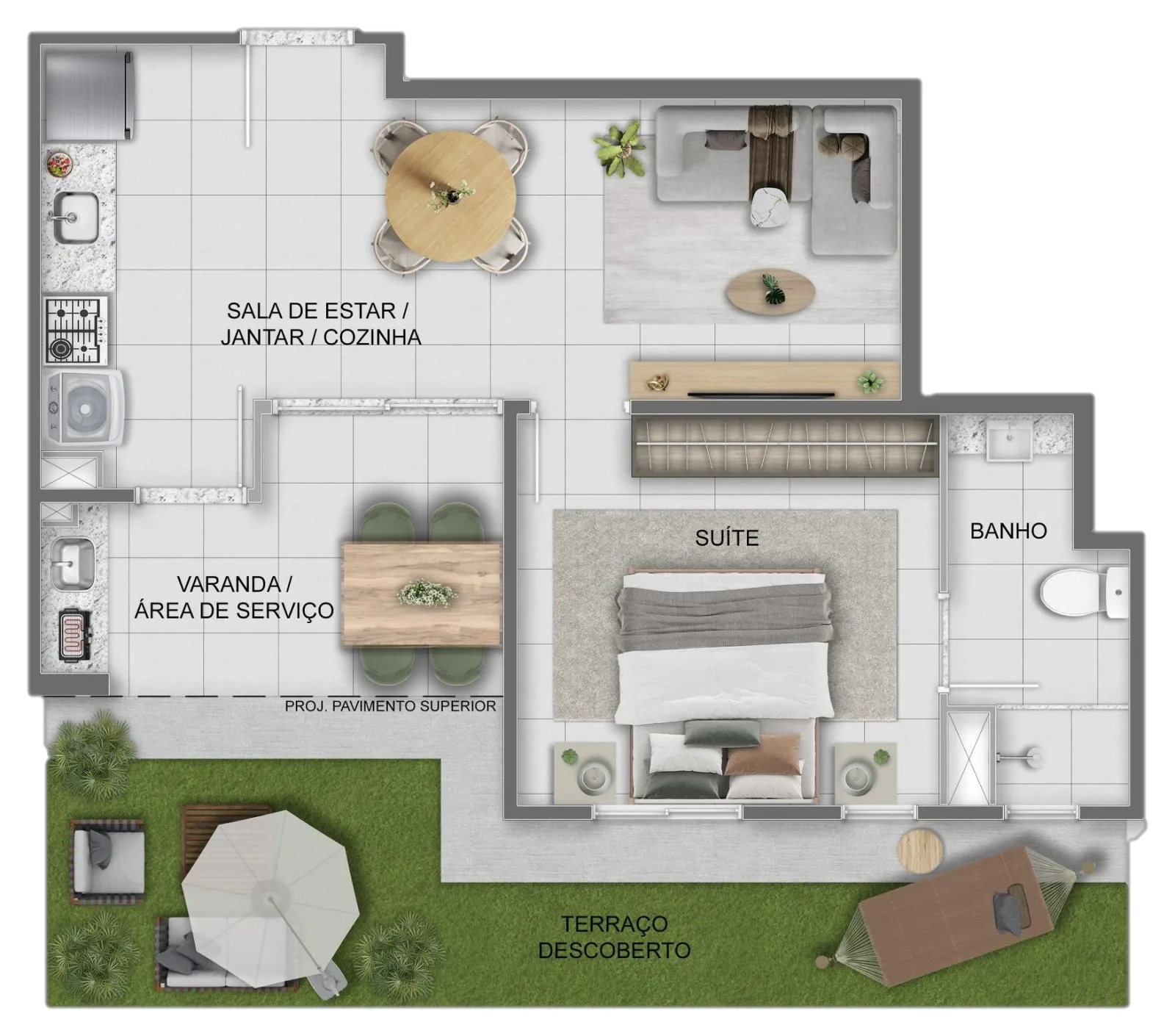 Planta de apartamento de 1 quarto com suíte e área privativa do Casa Sintra, com 61,51 m²