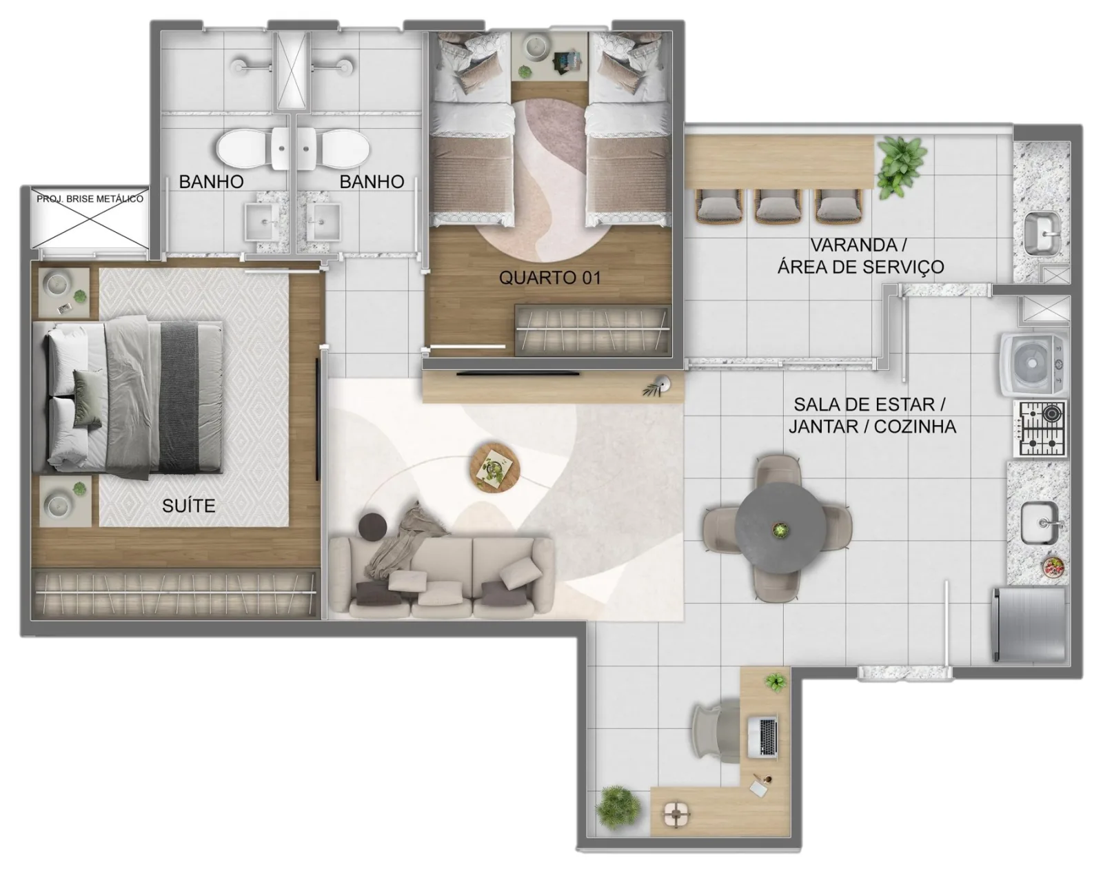 Planta de apartamento de 2 quartos com suíte e varanda do Casa Sintra, com 59,23 m²