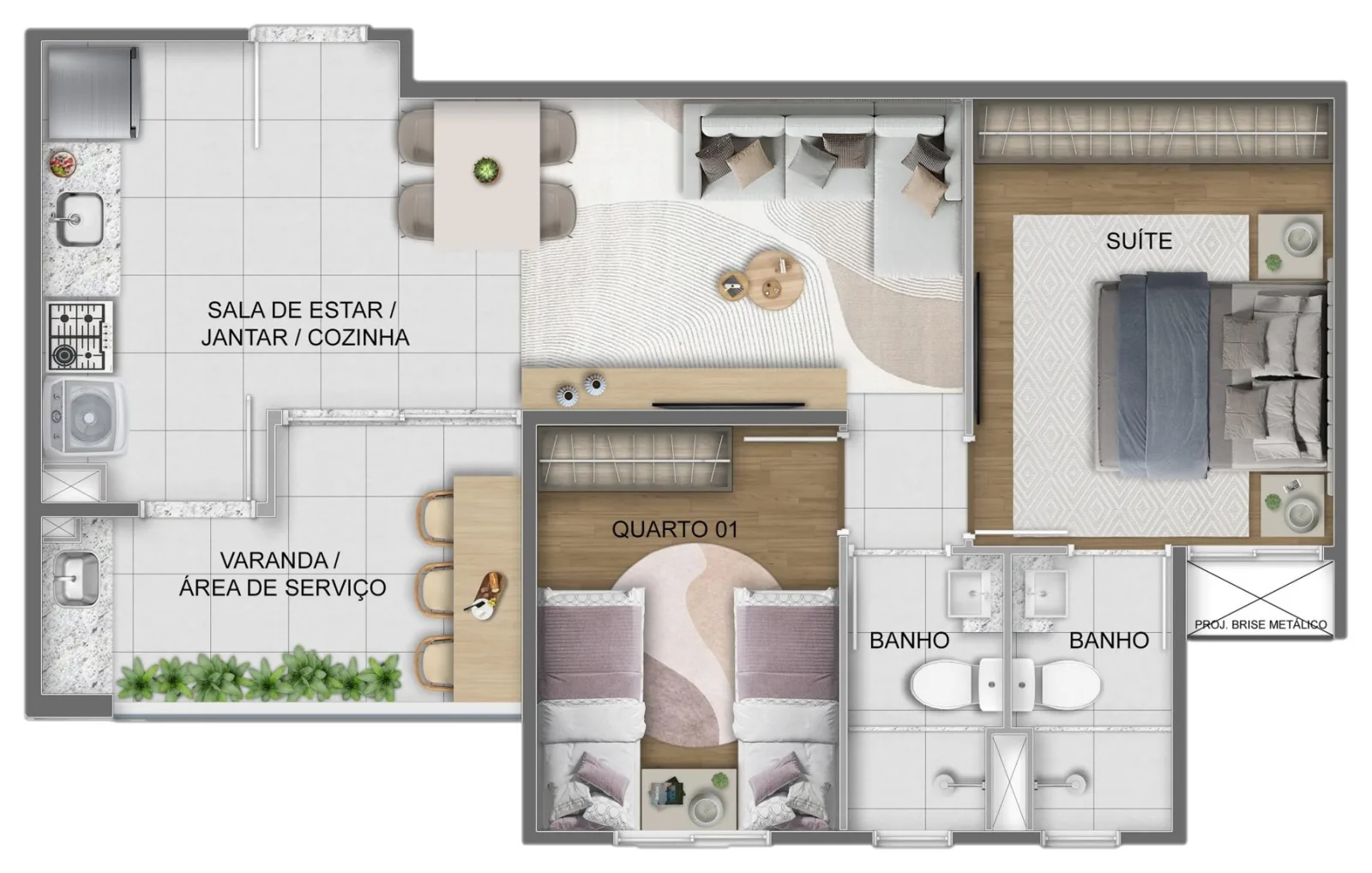 Planta de apartamento de 2 quartos com suíte e varanda do Casa Sintra, com 54,89 m²
